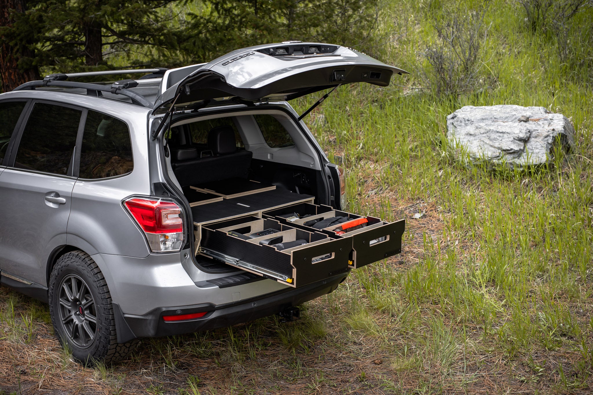 Silver SUV with an open trunk in a natural setting with grass and rocks.