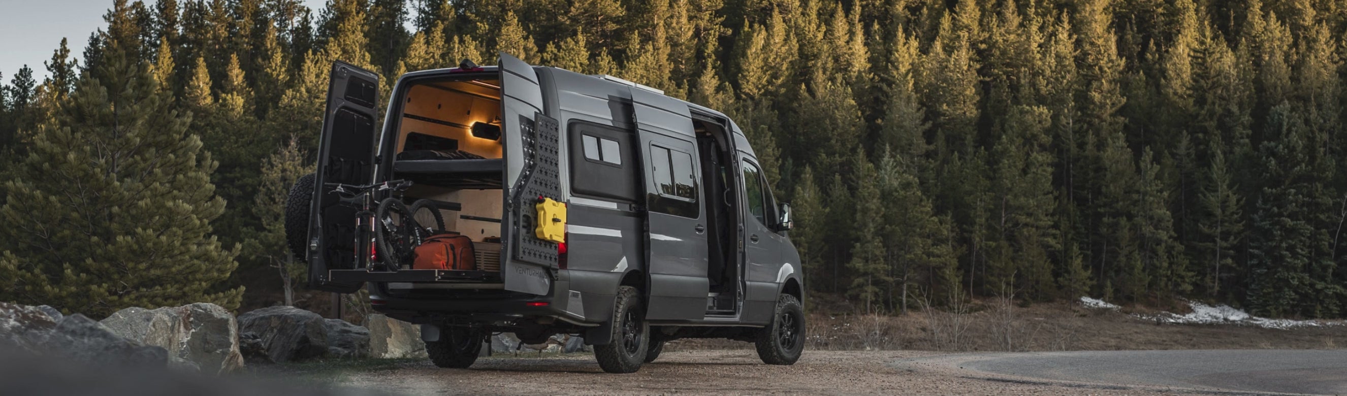 Load video: Montage slideshow of different layouts for camper van interiors showing off custom van conversions and the Venturhaus Modular Van System