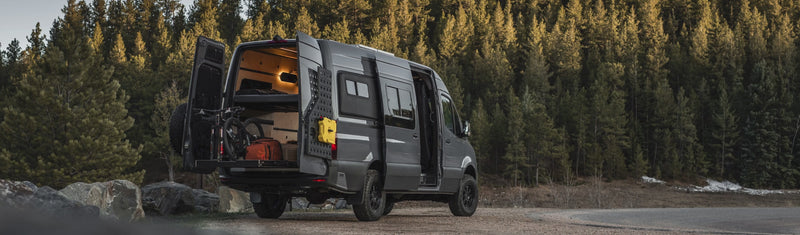 Montage slideshow of different layouts for camper van interiors showing off custom van conversions and the Venturhaus Modular Van System